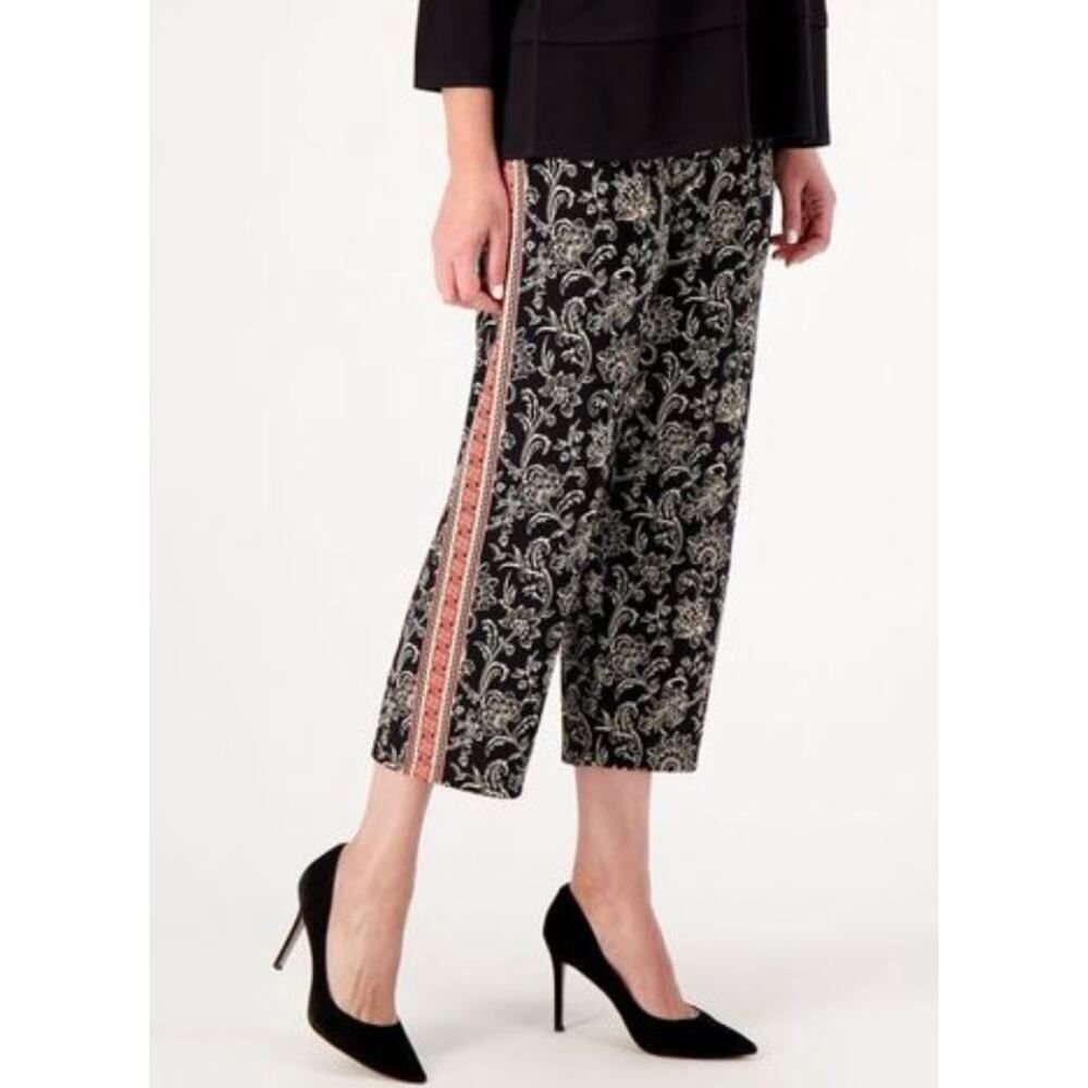 NEW Susan Graver QVC Border Printed Liquid Knit Wide Leg Crop Pants, Black Coral